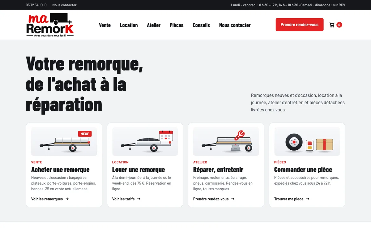 Le site Ma Remork, réalisé pour un vendeur de remorques à Mirecourt.